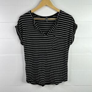 ALYA Black White‎ Stripes Rolled Cuff Short Sleeve Open V Neck Shirt Top Size XS